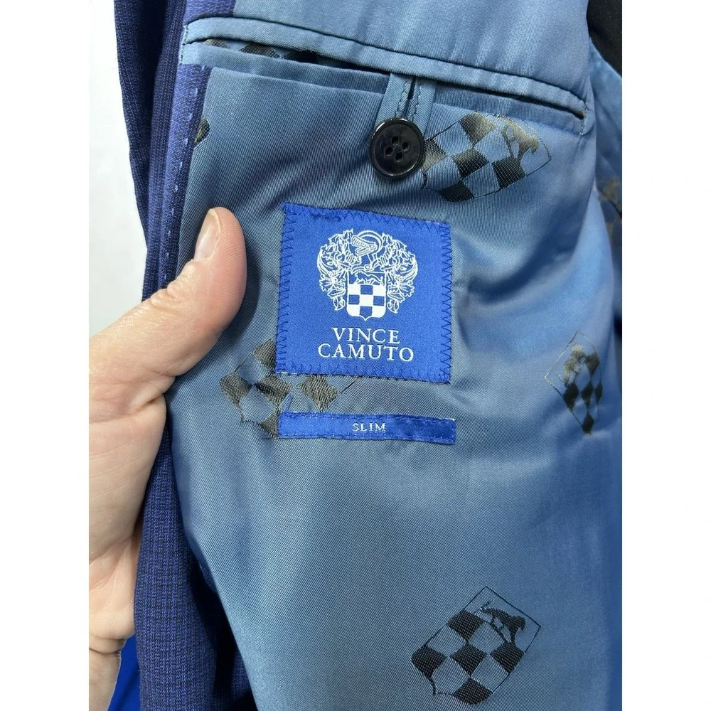 Vince Camuto Slim Fit  Blue Herringbone 2-Piece Suit 46L/36W 34L 2-Btn